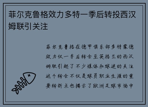 菲尔克鲁格效力多特一季后转投西汉姆联引关注