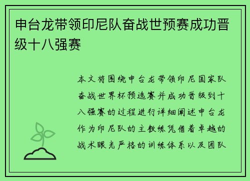 申台龙带领印尼队奋战世预赛成功晋级十八强赛